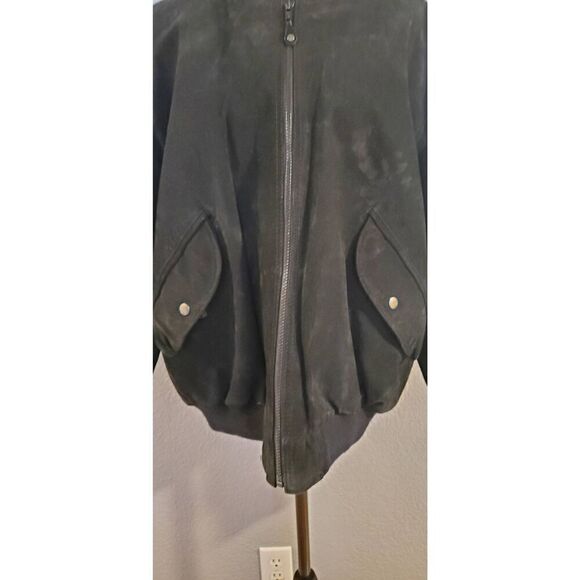 Foxrun Vintage Bomber Suede Jacket front pockets snap buttons in Black Size Larg - Picture 2 of 11